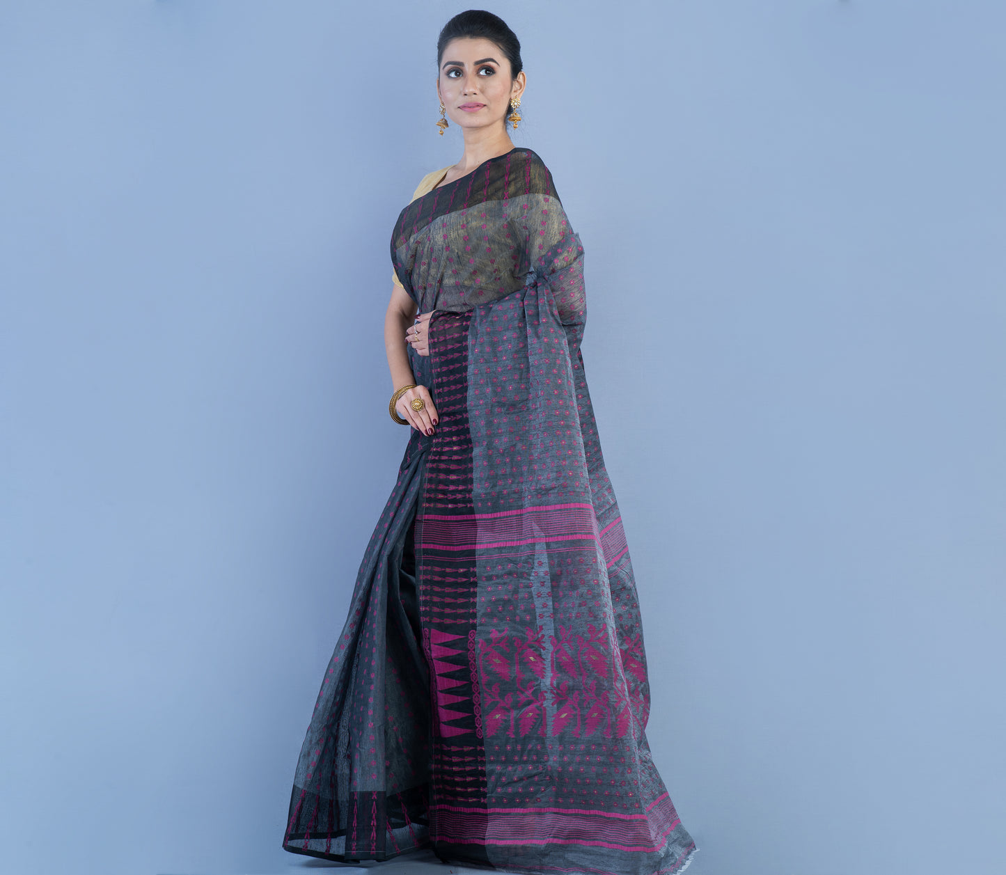 Handloom Jamdani Saree with All body Work - Pink & Black On Gray - ArtisanSoul