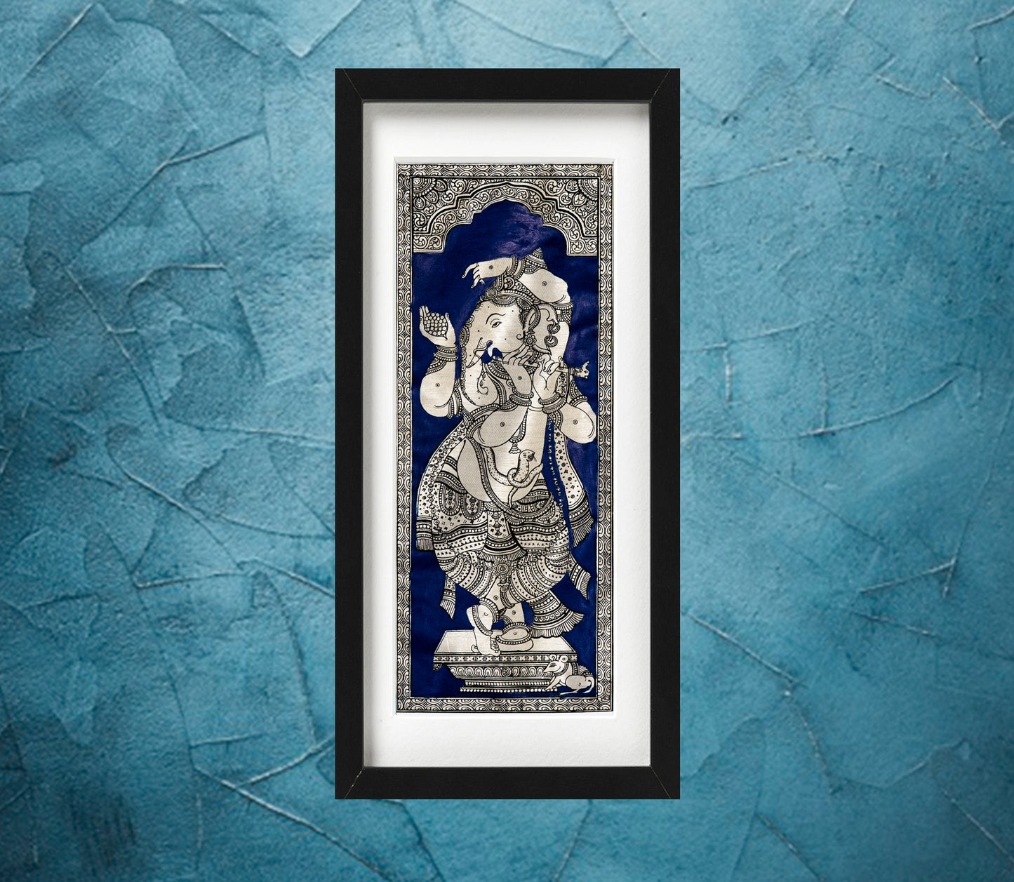 Pattachitra on Tussar from Odisha - Lord Ganesha in Blue - ArtisanSoul