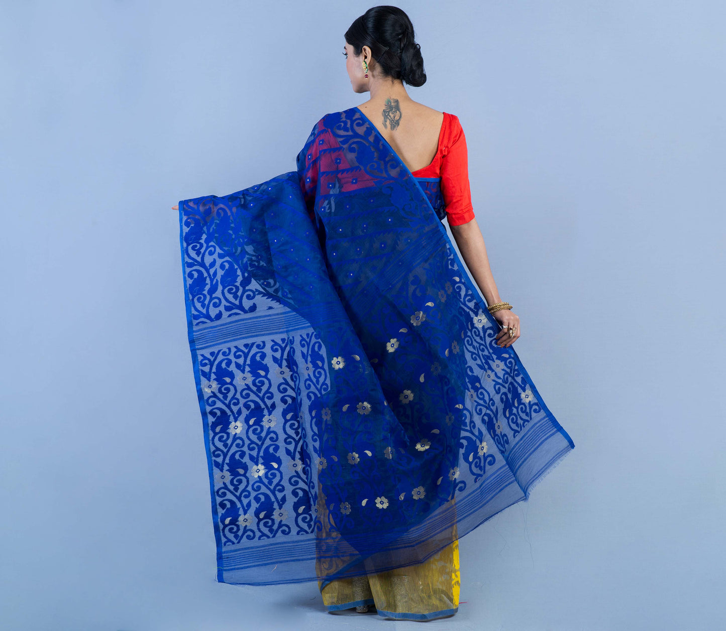 Handloom Jamdani Saree With all body Work - Blue & Yellow - ArtisanSoul
