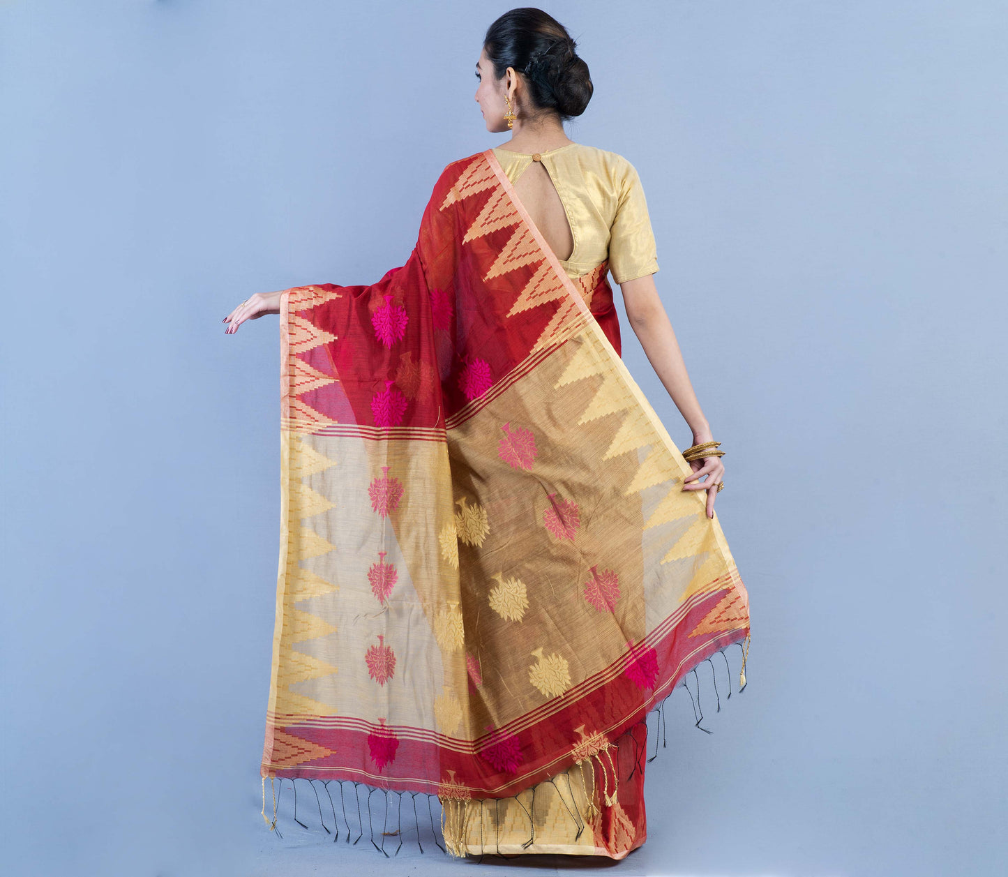 Handloom Saree - Maroon & Maple Anchal - ArtisanSoul