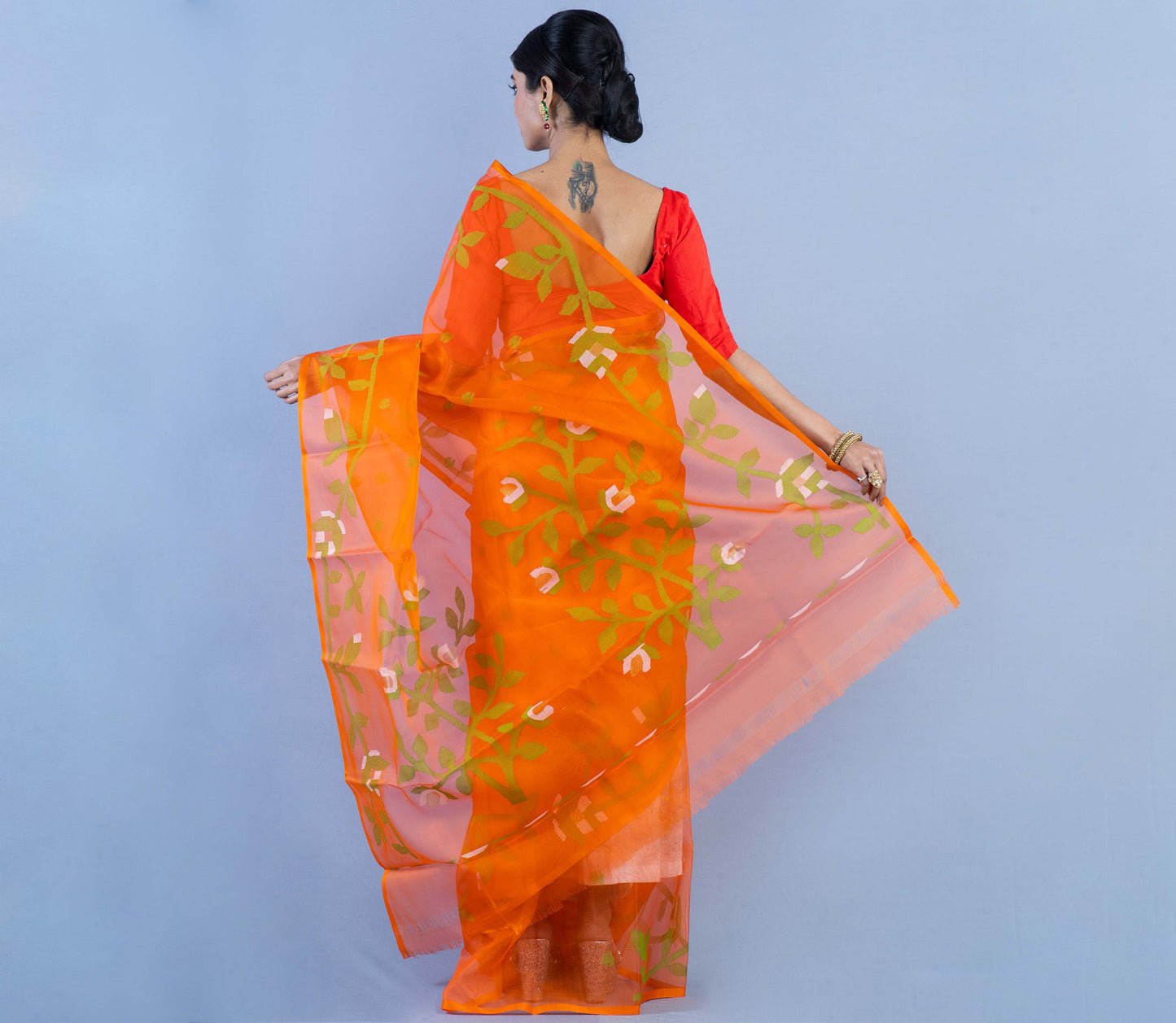 Handloom Muslin Silk Saree - Orange With Leaf Design - ArtisanSoul