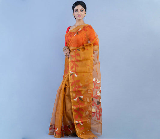 handloom Muslin Saree - Brown With Leaf Design - ArtisanSoul