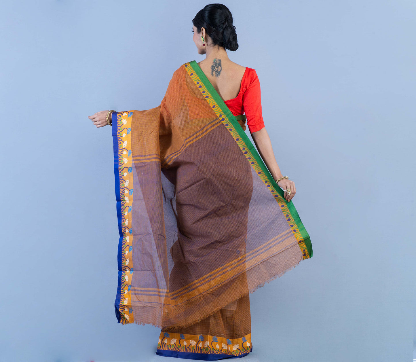 Handloom Tant Saree With Lotus Design on Par - Brown & Blue - ArtisanSoul