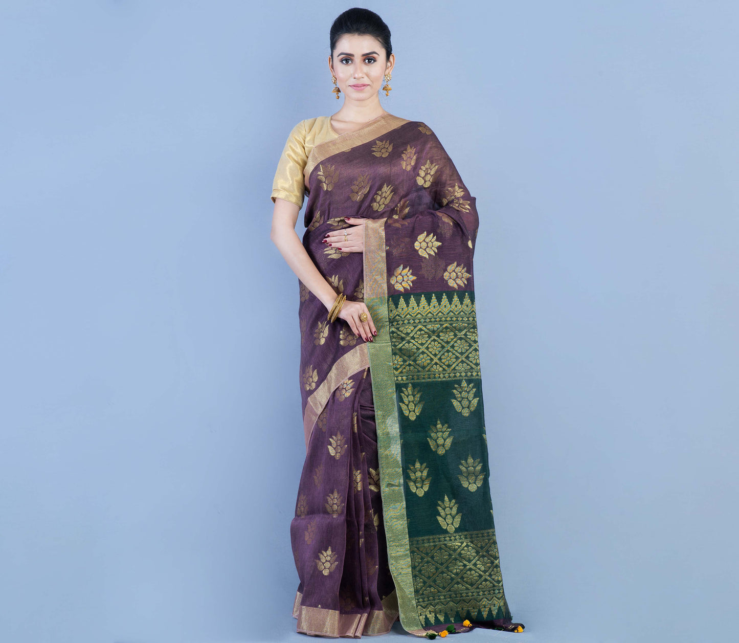 Handloom Linen Zamdani - Violet & Bottle Green - ArtisanSoul
