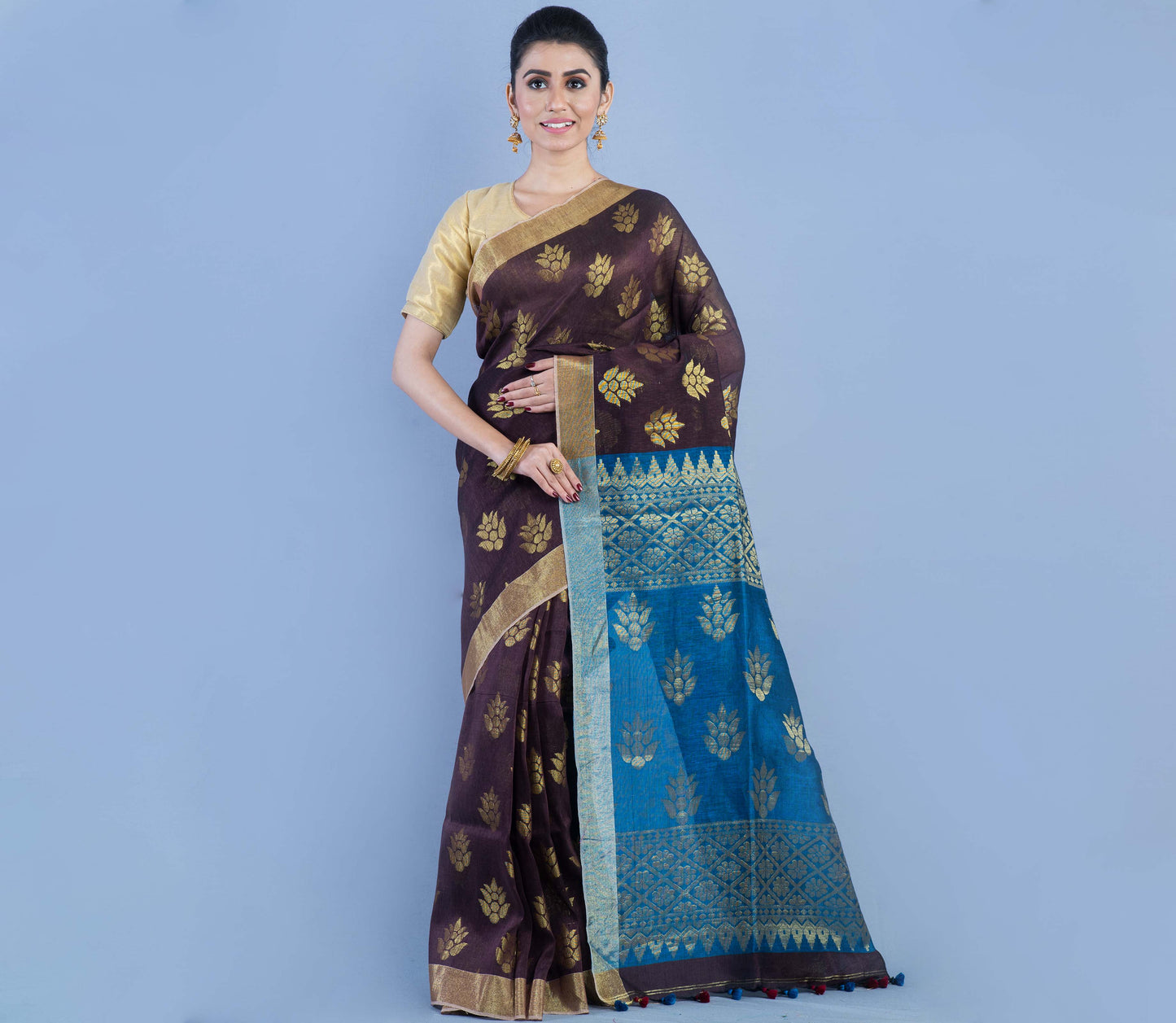 HANDLOOM LINEN SAREE WITH ALL OVER ZARI WORK - NAVY BLUE AND BLUE - ArtisanSoul
