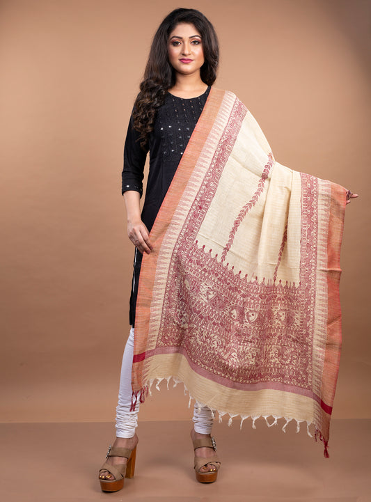 Madhubani Painting Dupatta From Bihar - Red on Beige - ArtisanSoul