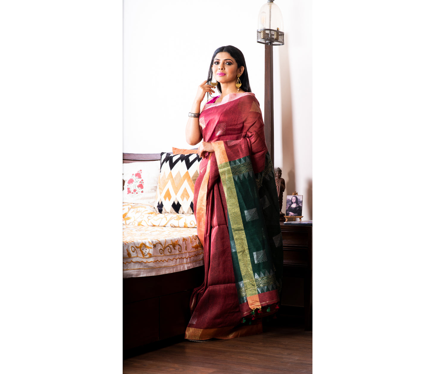 Handloom Linen Saree With All Over Work - Burgundy & Pine Green - ArtisanSoul