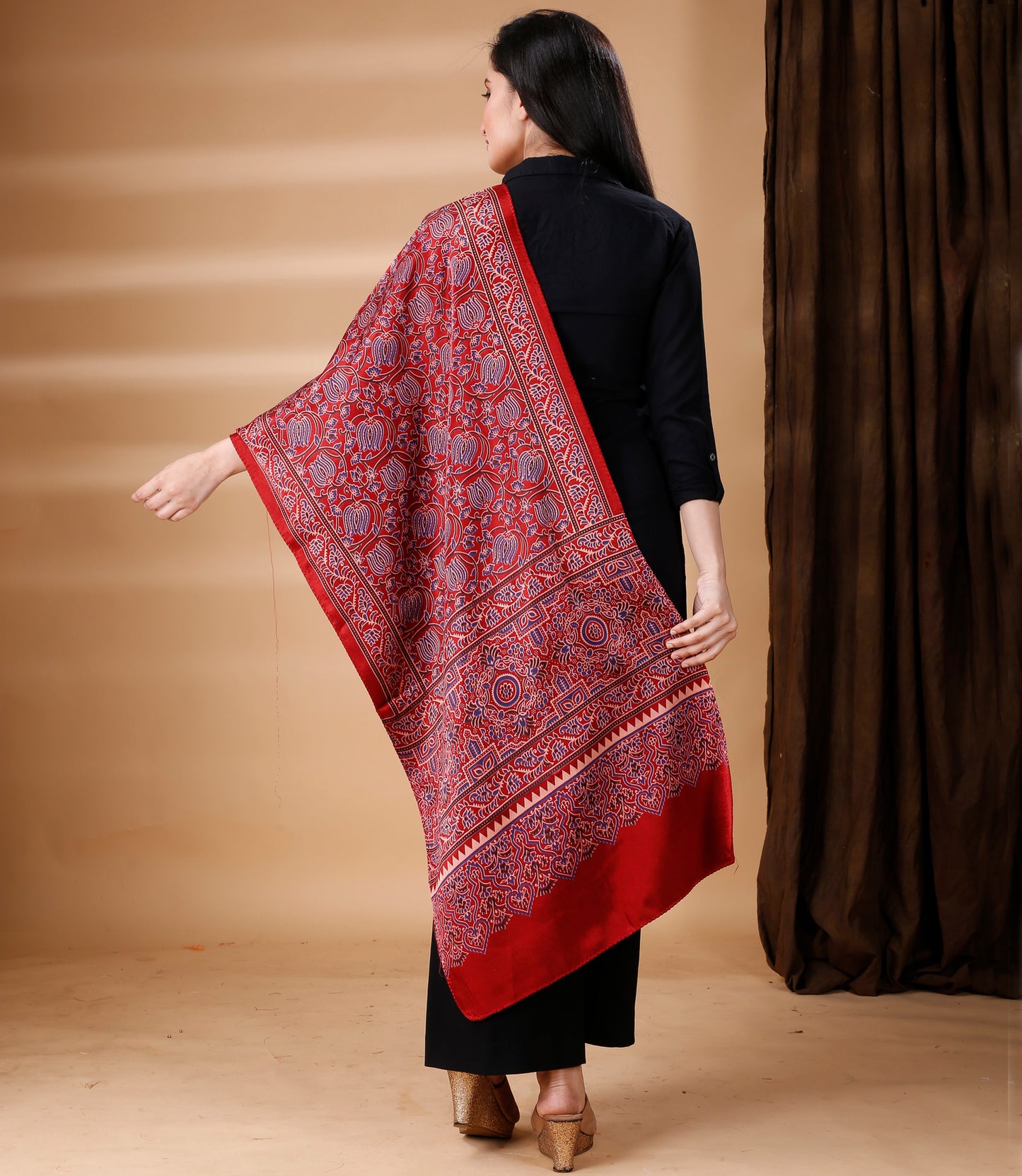 Ajrakh Print Modal Silk Stole From Bengal - Maroon - ArtisanSoul