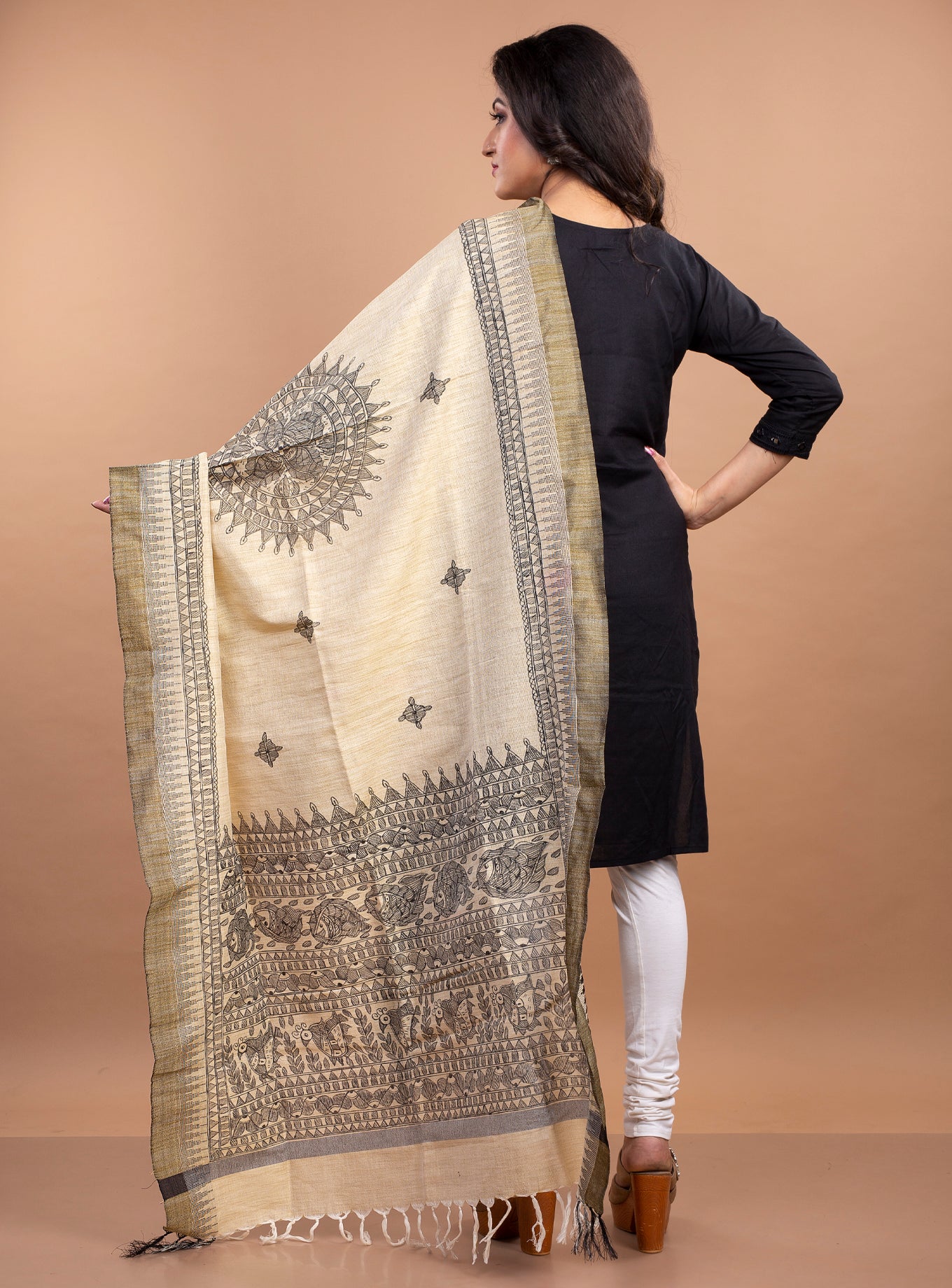 Madhubani Painting Dupatta From Bihar - Black on Beige - ArtisanSoul