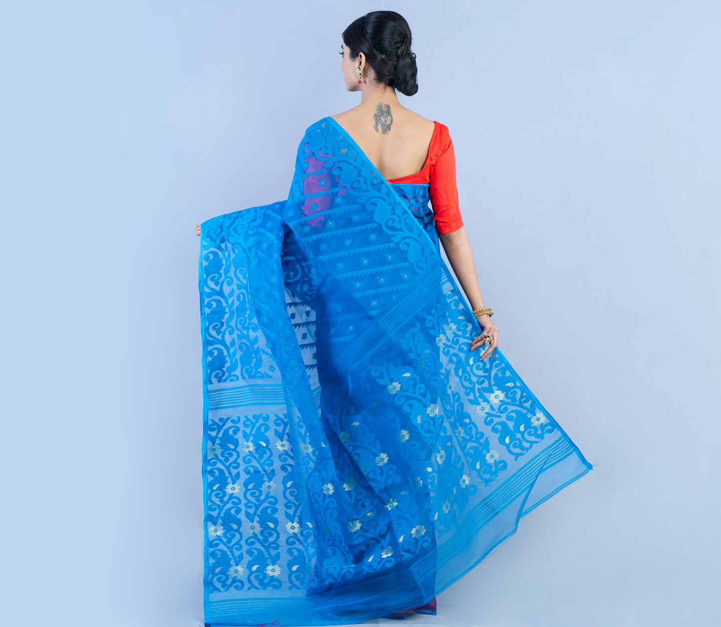Handloom Zamdani Saree With All Over Work - Purple & Blue - ArtisanSoul