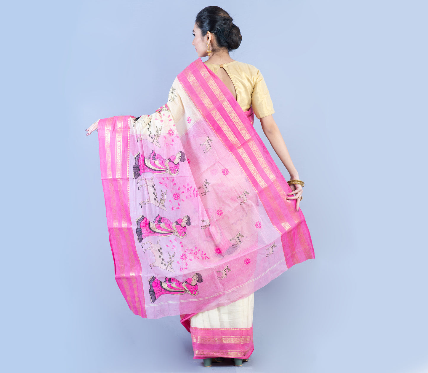 Handloom Cotton Saree with Embroidery Work - White & Pink - ArtisanSoul