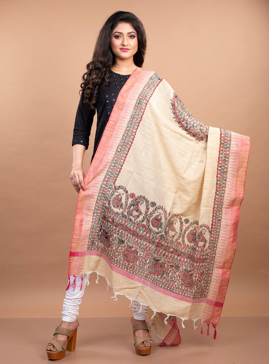 Madhubani Painting Dupatta From Bihar - Black & Red on Beige - ArtisanSoul