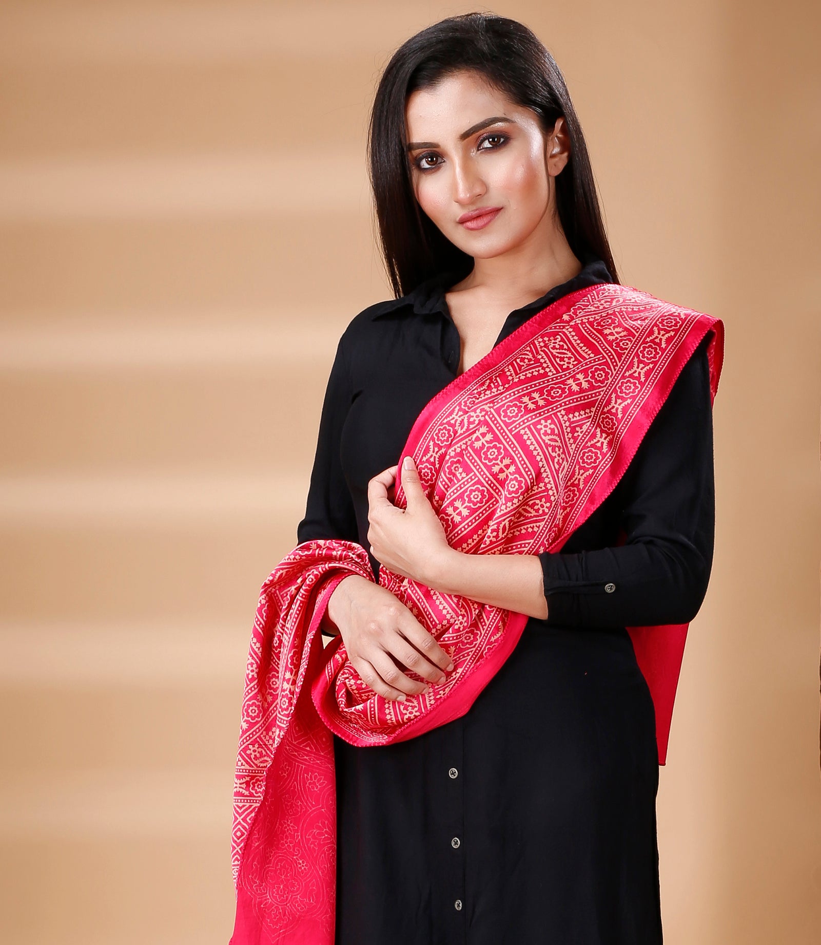 Ajrakh Print Modal Silk Stole From Bengal - Pink – ArtisanSoul