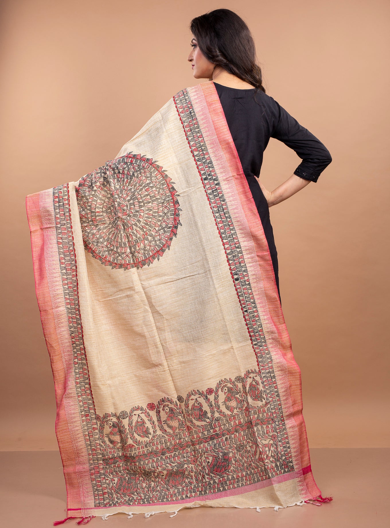 Madhubani Painting Dupatta From Bihar - Black & Red on Beige - ArtisanSoul