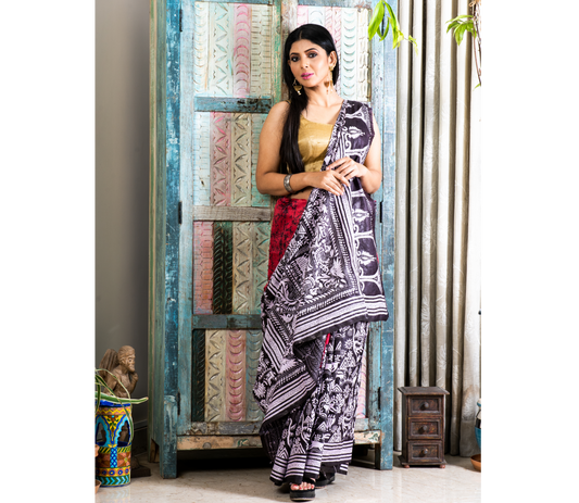 Kantha Stitched Work on Batik Print Saree - Red & Black - ArtisanSoul