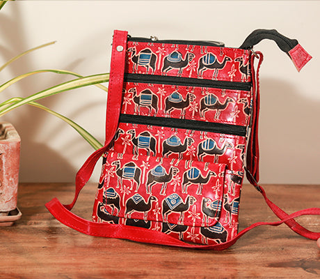 Embossed Leather Multipurpose Sling Bag - Camel on Red - ArtisanSoul