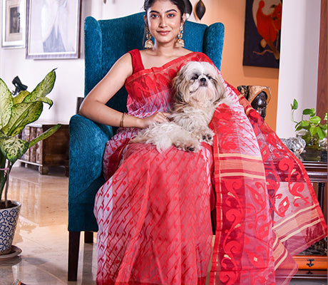 Handloom work on Cotton Silk with Jamdani Anchal Kuchi Design - Red and White - ArtisanSoul
