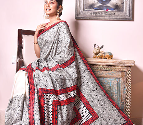 Kantha Stitch Applique Design Saree - Red and Black - ArtisanSoul