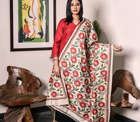 Kantha Stitched Dupatta on Tussar Base - Red Flowers - ArtisanSoul
