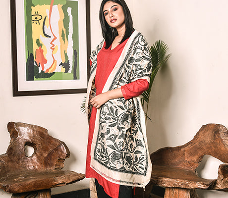 Kantha Stitched Stole on Tussar Base - Black - ArtisanSoul