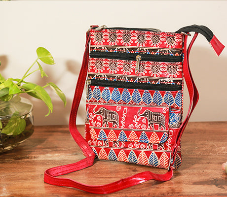 Embossed Leather Multipurpose Sling Bag - Red - ArtisanSoul