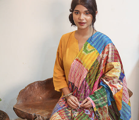 Kantha Stitch Work on Patched Dupatta - ArtisanSoul
