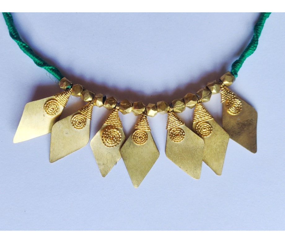 Handcrafted Dokra Necklace from Odisha - Green Threaded Diamond Design - ArtisanSoul