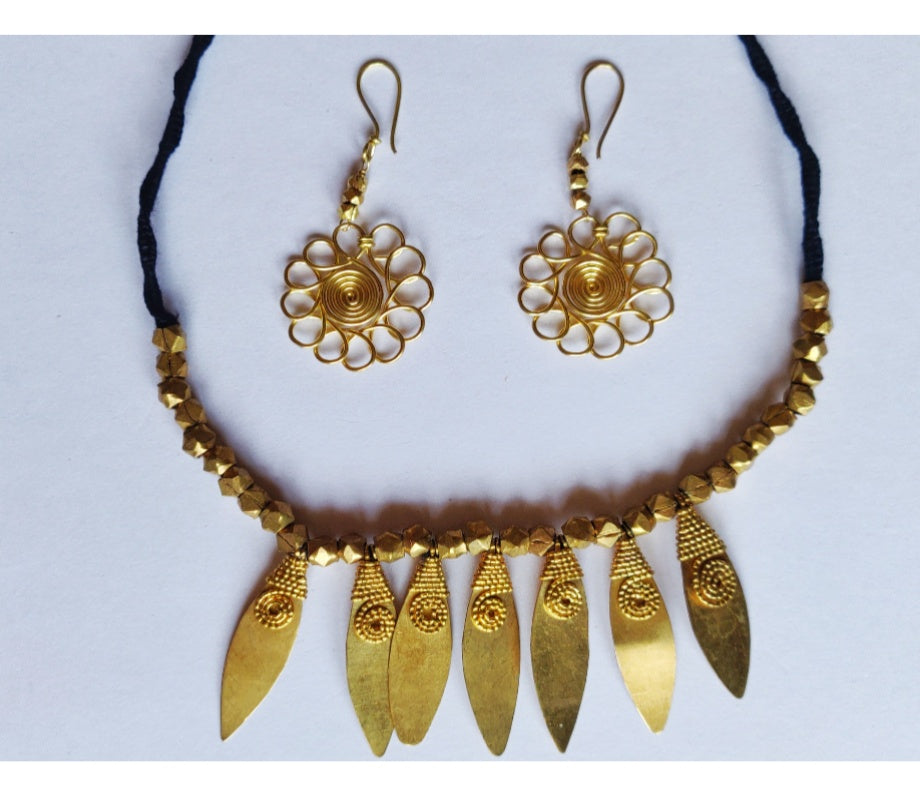 Handcrafted Dokra Necklace with Earring from Odisha - Black Threaded Diya Design - ArtisanSoul