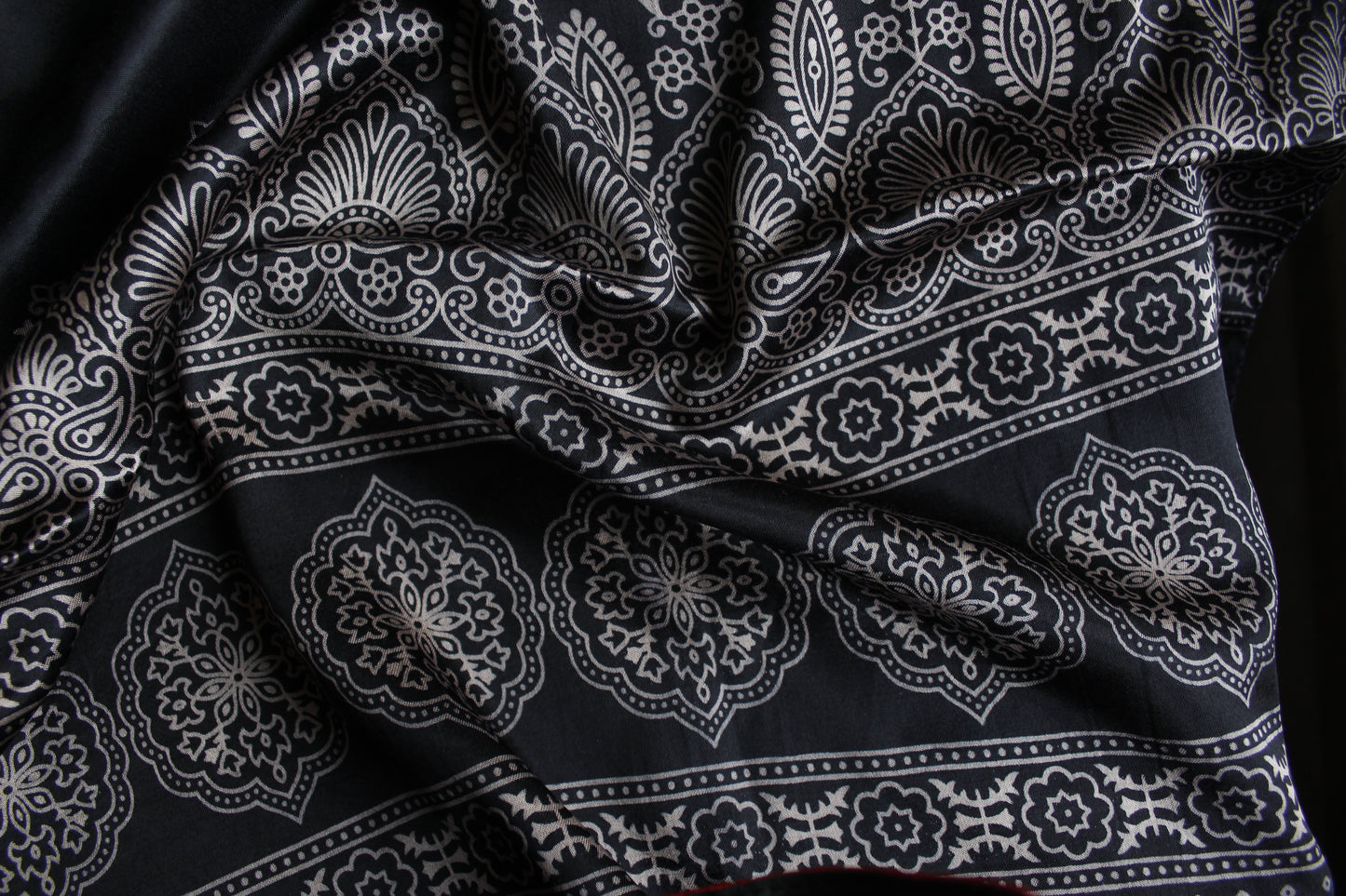 Ajrakh Print Modal Silk Stole From Bengal - Black - ArtisanSoul