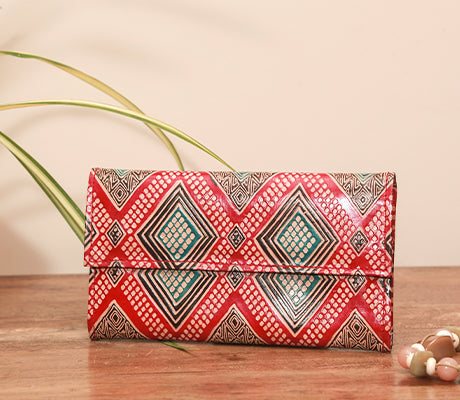 Embossed Leather Purse for Women from Birbhum - Patterns in Red - ArtisanSoul
