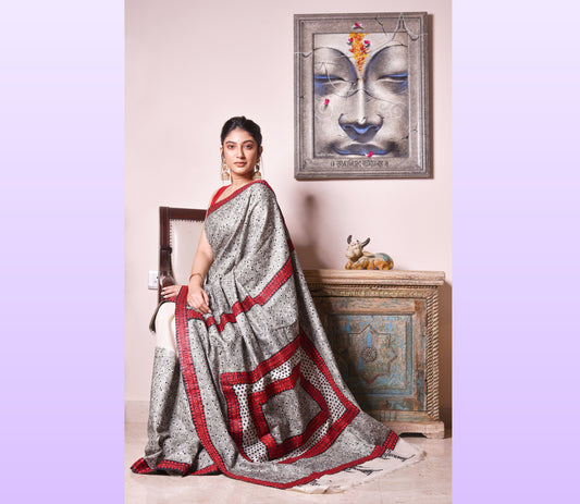 Kantha Stitch Applique Design Saree - Red and Black - ArtisanSoul
