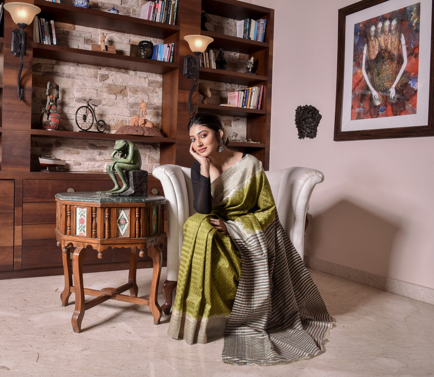 Kantha Stitch on Silk Saree with Jalchuri Pattern - Olive - ArtisanSoul