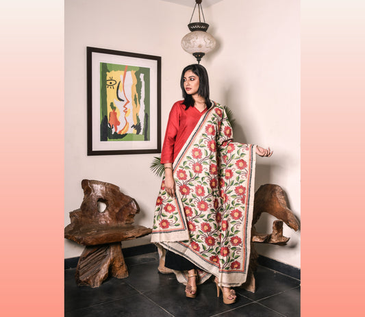 Kantha Stitched Dupatta on Tussar Base - Red Flowers - ArtisanSoul