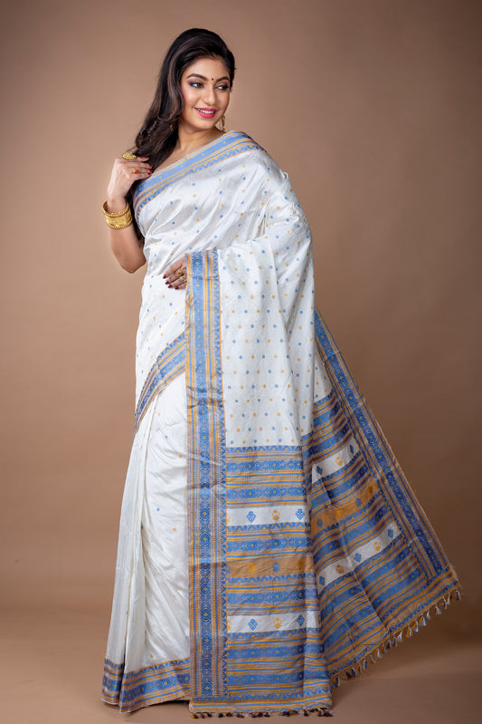 Assam Silk Saree - White with Blue and Yellow thread Work - ArtisanSoul