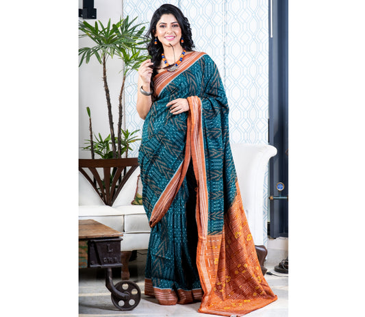Sambalpuri Saree - Pure Cotton - Green and Ochre - ArtisanSoul
