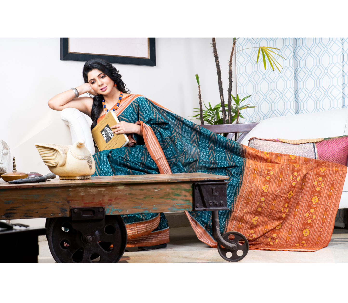 Sambalpuri Saree - Pure Cotton - Green and Ochre - ArtisanSoul
