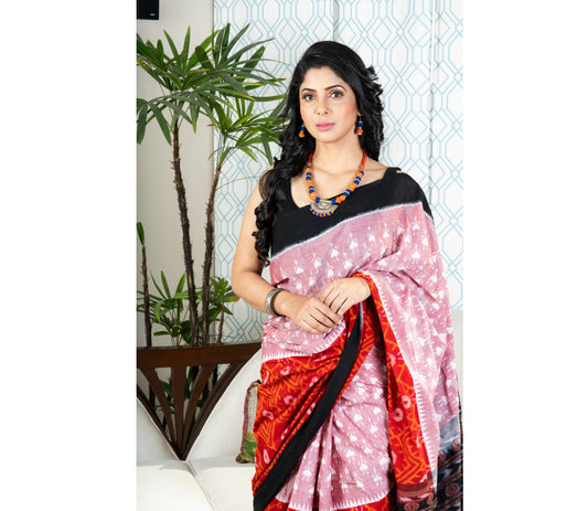 Sambalpuri Saree - Pure Cotton - Red and Black - ArtisanSoul