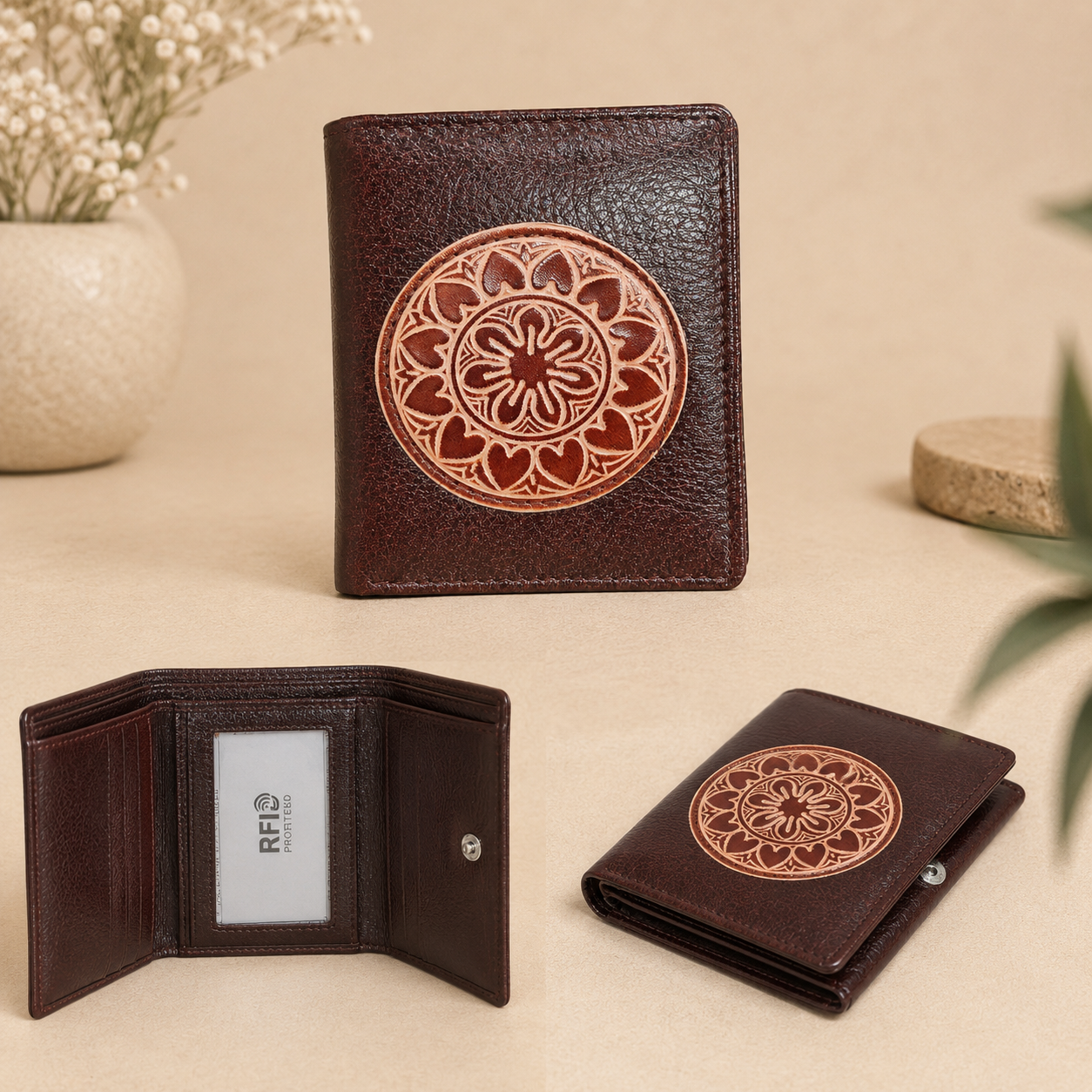 Handcrafted brown 3 fold finished leather wallet with embossed artisan design