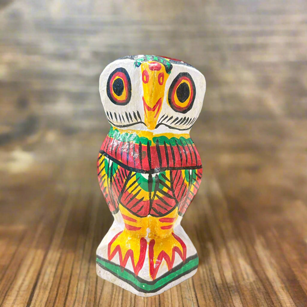 3 Inch Wooden Owl Figurine – Handcrafted Multicolored Good Luck Showpiece - ArtisanSoul