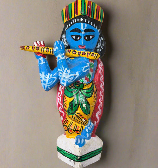 8 Inch Wooden Shree Krishna Statue – Handcrafted Indian Idol from Odisha - ArtisanSoul