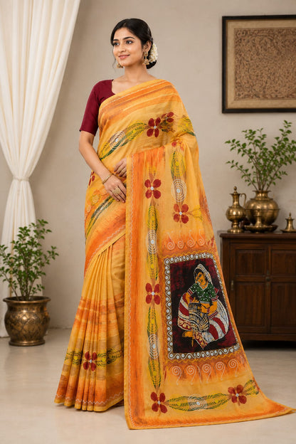 Woman wearing a handcrafted orange hand-painted Batik handloom saree with folk art motifs