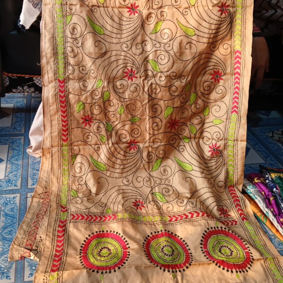 Blended Silk Kantha Stitch Stole – Handmade Embroidered Wrap - ArtisanSoul