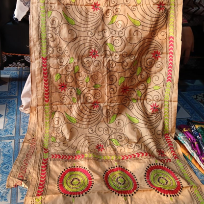 Blended Silk Kantha Stitch Stole – Handmade Embroidered Wrap - ArtisanSoul