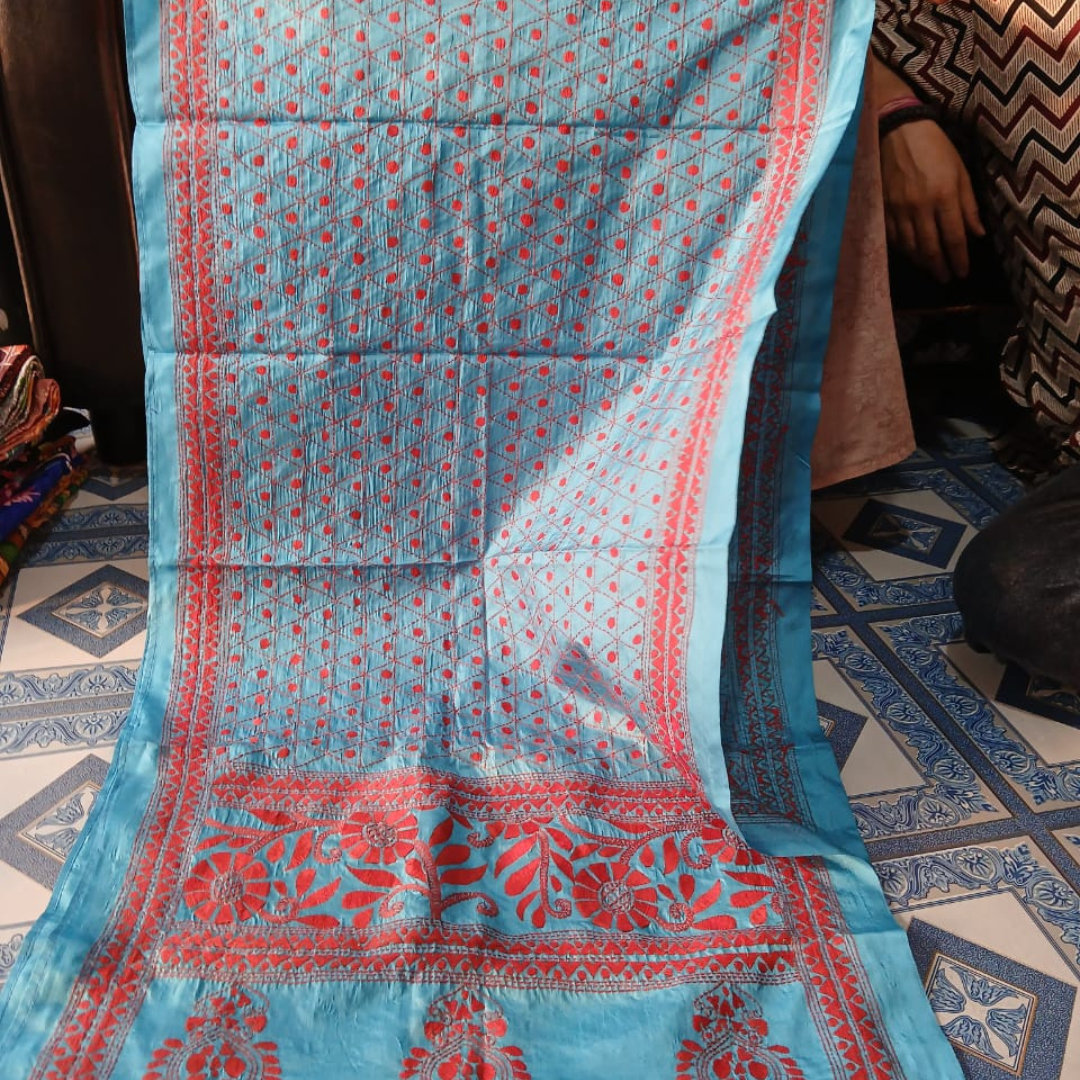 Blended Silk Kantha Stitch Stole – Handmade Embroidered Wrap - ArtisanSoul