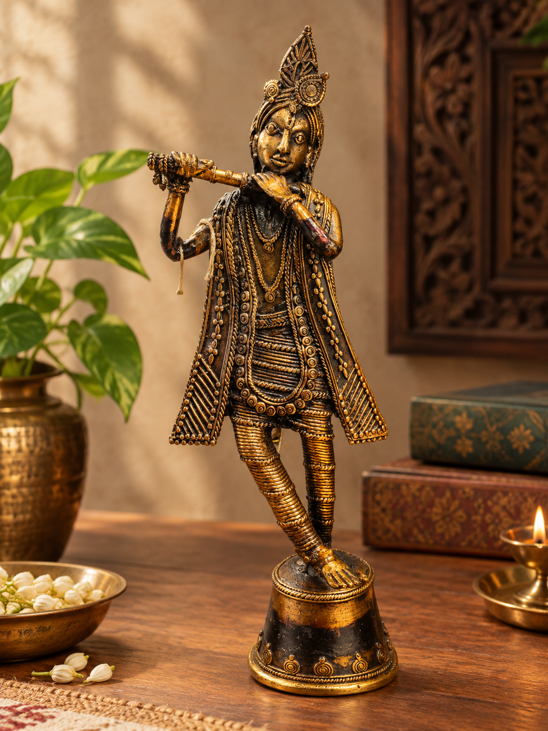 14.5 inch Colour Dokra Krishna playing flute handcrafted statue