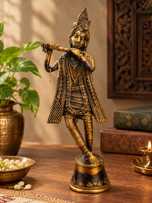 14.5 inch Colour Dokra Krishna playing flute handcrafted statue