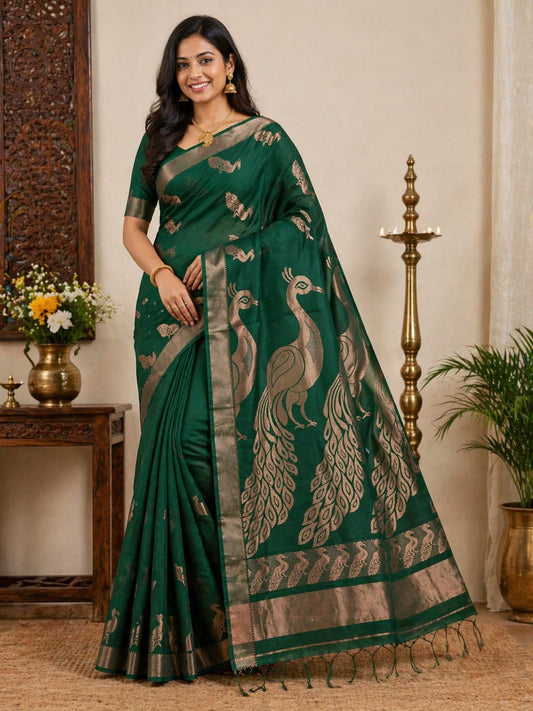 Green Cotton Silk Saree with Peacock Motif and Traditional Border