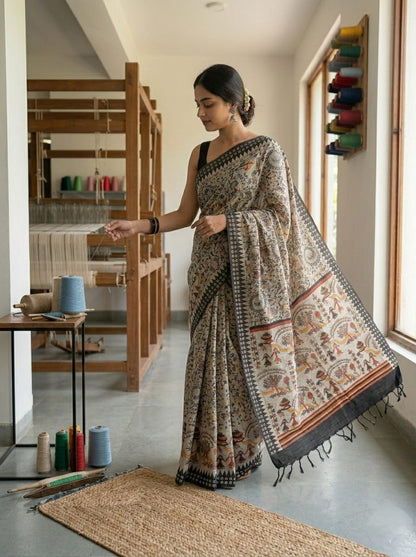 Grace meets heritage in this elegant Beige Cream Madhubani Print Saree. 