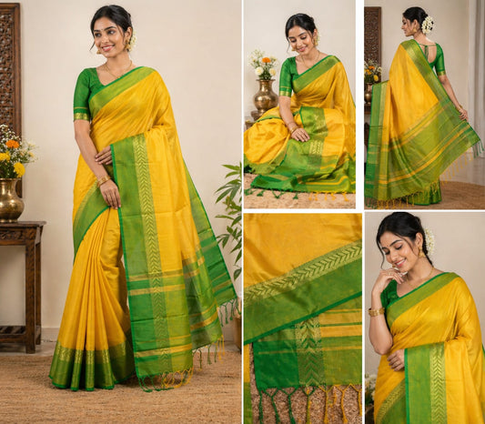 Woman wearing a yellow and green saree with close-up details in a room setting.