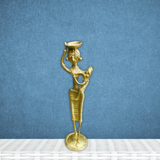 Dokra Brass Tribal Woman with Child – Handmade Farmer Lady Figurine - ArtisanSoul